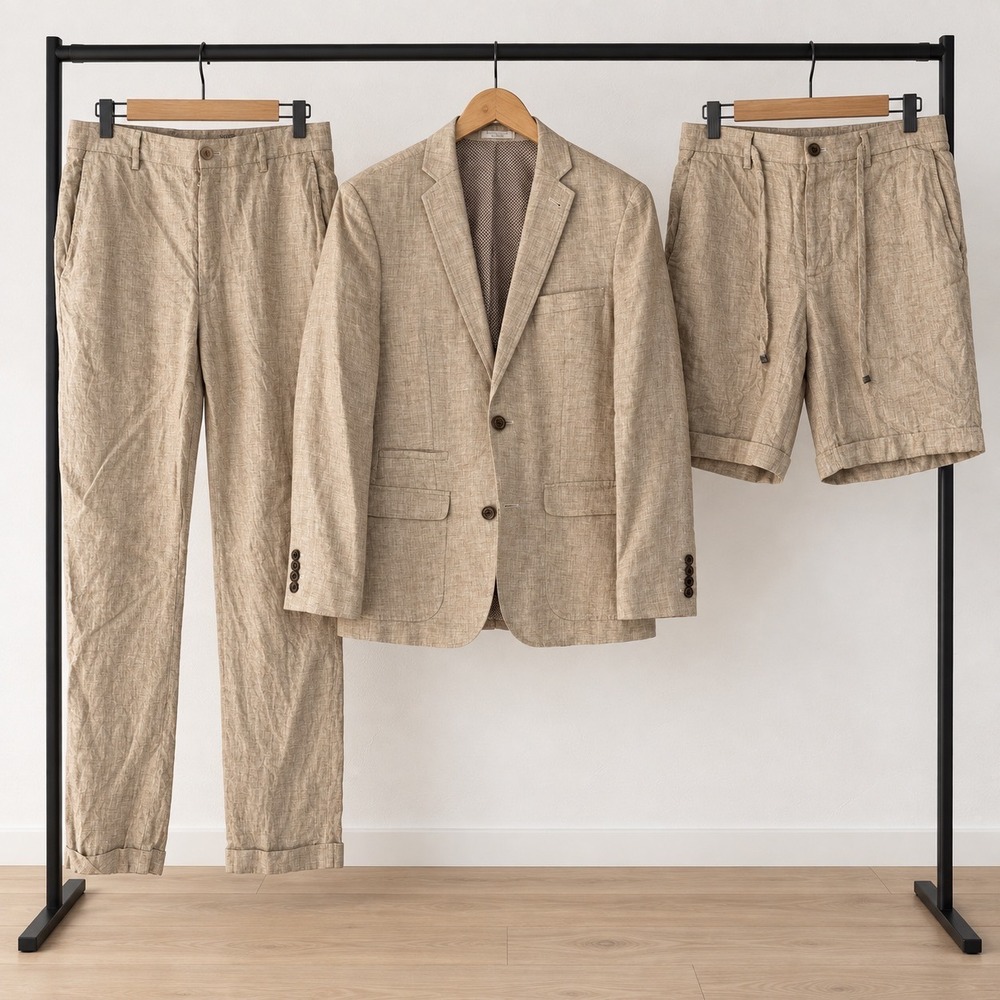 Murano 3pc Linen Suit Set Mens M 34x32 Tan Blazer Pants Shorts Baird McNutt